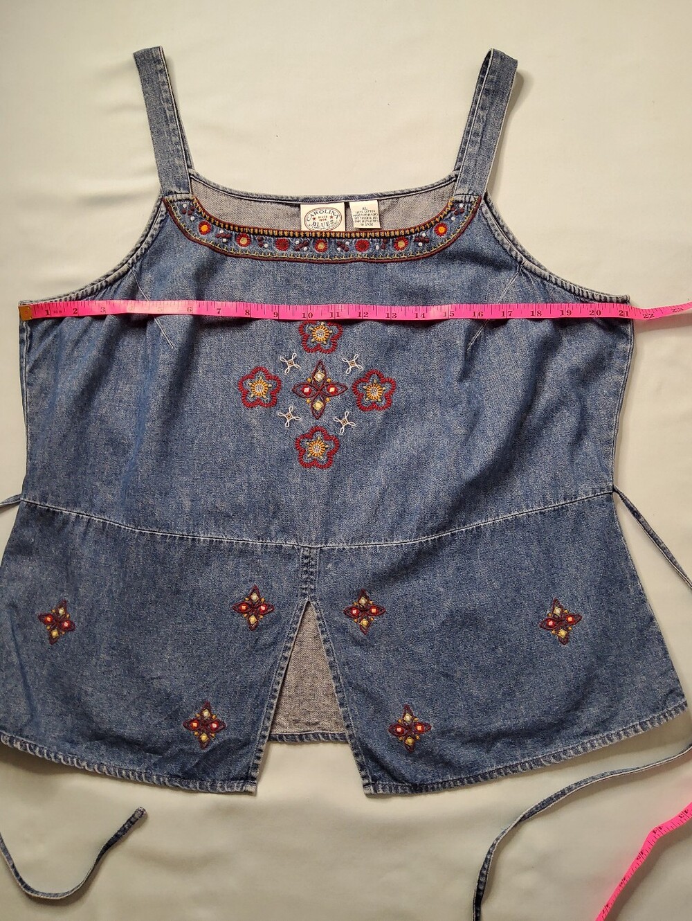 Carolina Blues Embroidered Denim Tank Top - Blue with Multicolor Floral Trim - Picture 4 of 11